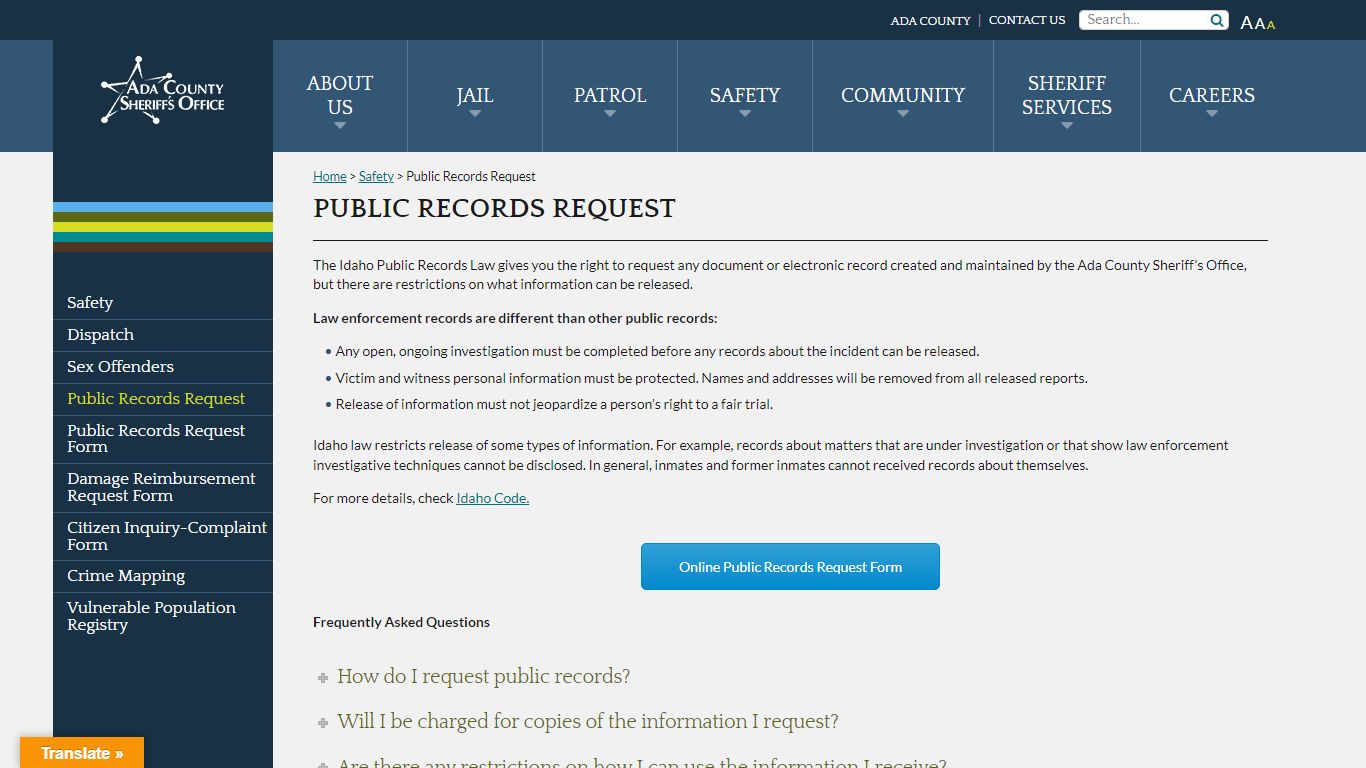 Public Records Request - Ada County Sheriff